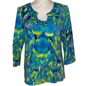 RUBY RD. Tunic with 3/4 sleeves Embellished Neckline Blue & Green Size Large